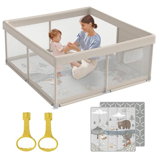Fodoss box recinto morbido per bambini, neonato, 120x120cm, con Rete Traspirante Sui Quattro Lati e Ventose, beige