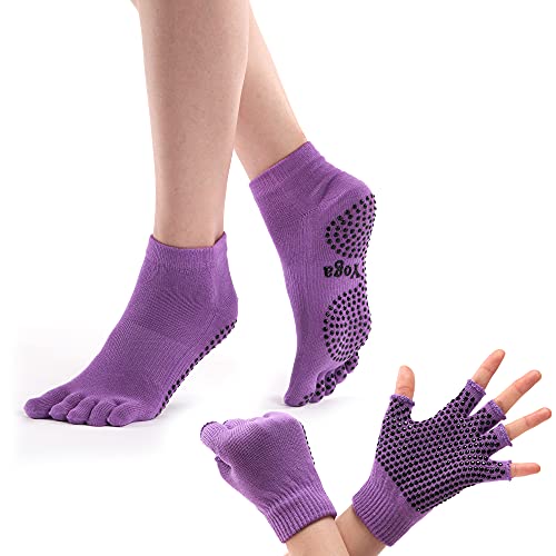 ThreeH Set di calzini e guanti da yoga antiscivolo per donna Yoga Dance e Pilates con dita misura 4,5-8