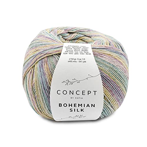 Katia Bohemian Silk - Gomitolo di lana estiva, 150 g, fantasia discreta, in pura fibra naturale, filato di cotone con seta bourette (203)