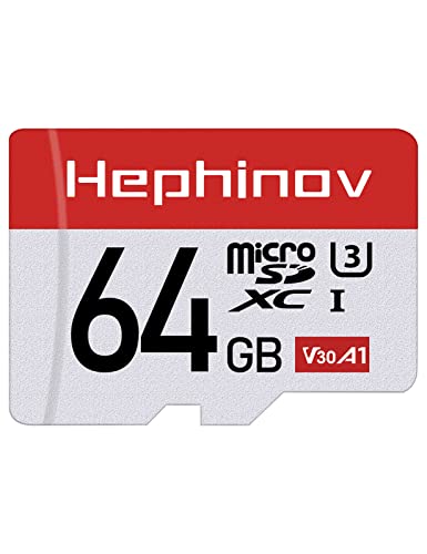 Hephinov Scheda Micro SD 64GB, Scheda di Memoria fino a 100 MB/s(R) 30MB/s(W), microSDXC A1, U3, C10, V30, 4K, UHS-I, Micro SD Card per Telefono, Videocamera, Switch, Gopro, Tablet