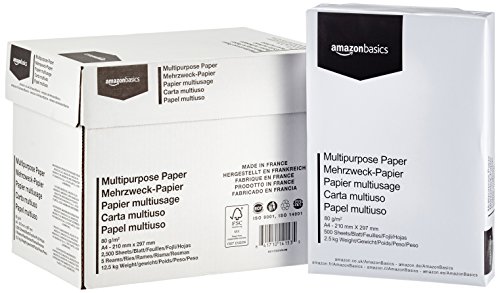 Amazon Basics Carta da stampa multiuso A4 80gsm, 5x500 fogli, bianco