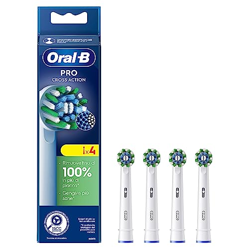 Oral-B Cross Action Testine Spazzolino Elettrico, Confezione da 4 Testine di Ricambio Bianche, Setole Angolate che si Adattano a ogni Dente per una Pulizia Profonda