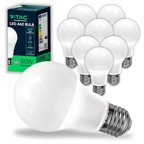 V-TAC 10x Lampadine LED di Nuova Generazione con Attacco E27 8,5W (Equivalenti a 60W) A60 - 806 Lumen - Massima Efficienza e Risparmio Energetico - 4000K Luce Bianca Naturale - 'L'imballo può variare'