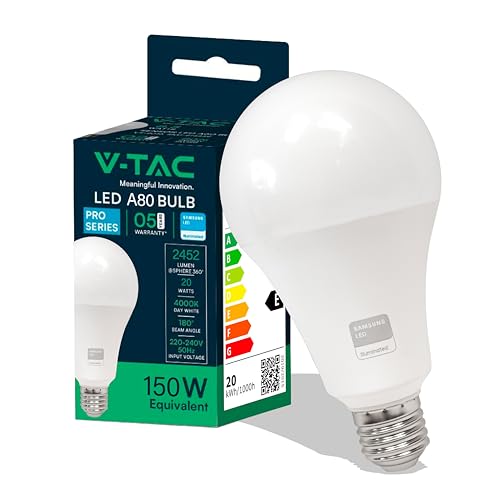 V-TAC Lampadina LED con Attacco Edison E27, 20W (Equivalenti a 150W) A80, 2452 Lumen, Lampadina LED per Massima Efficienza e Risparmio Energetico, Luce 4000K Bianca Naturale