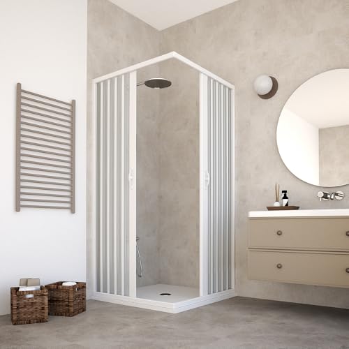 Box Doccia 70x70x185 cm modello Paola in PVC cabina con apertura angolare doppia anta a soffietto riducibile reversibile di colore bianco.