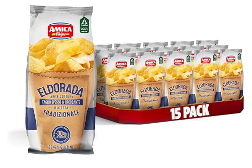 AMICA Chips | Eldorada Patatine Ricetta Tradizionale, Lenta Cottura, Taglio Spesso e Croccante, Senza Glutine, 15 Pezzi x 130 gr