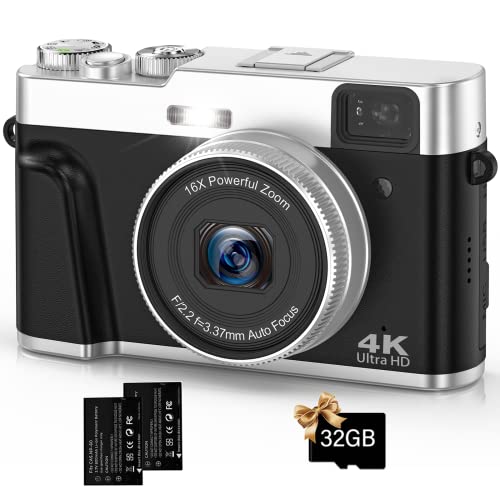 Fotocamera Digitale,4K 48MP Macchina Fotografica Autofocus con scheda di Memoria 32GB 16X Zoom Digitale,Fotocamera Compatta da 2,8 pollici con Cruscotto Rotante e Mirino