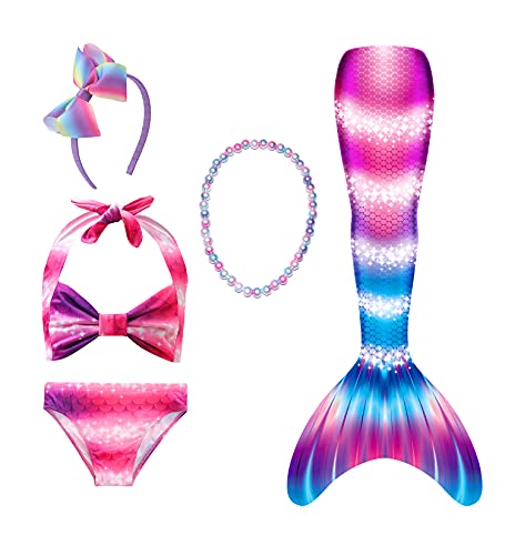 Lytxdll 5pcs Ragazze Code di Sirena per Il Nuoto per Ragazze Principessa Bikini balneabile Coda di Sirena Costumi da Bagno per Bambini con Fascia e Collana (FZGB68, 9-10 Years)