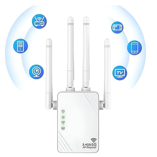 Ripetitore WiFi, 2023 Nuovo Extender WiFi 1200Mbps 5GHz e 2.4GHz, Ripetitore WiFi supporta la modalità Repeater/Router/AP, 4 antenne, 2 porte LAN, adatto per casa, ufficio, ecc