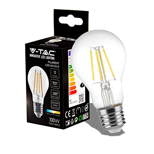 V-TAC Lampadina LED a Filamento con Attacco E27 12W (Equivalenti a 100W) A60 - 1521 Lumen - Lampadine LED Massima Efficienza e Risparmio Energetico - 4000K Luce Bianca Naturale, VT-2133
