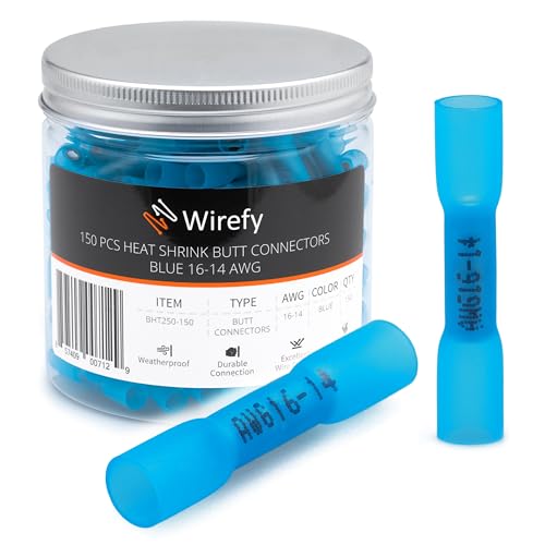 Wirefy 150 PZ Connettori Testa-Testa Termoretraibili - Kit Capicorda Elettrici - Terminali Isolanti Crimpare - Blu 1,5-2,5 mm²