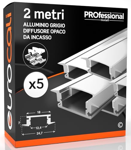 5x Profili da 2 metri (10mt) in Alluminio grigio per Strisce LED Schermatura Opaca - ingombro max striscia led 12.4mm - 24.7 x 7