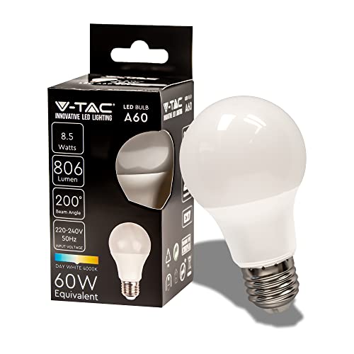 V-TAC Lampadina LED con Attacco E27 8,5W (Equivalenti a 60W) A60 - 806 Lumen - Lampadine LED Massima Efficienza e Risparmio Energetico - 4000K Luce Bianca Naturale