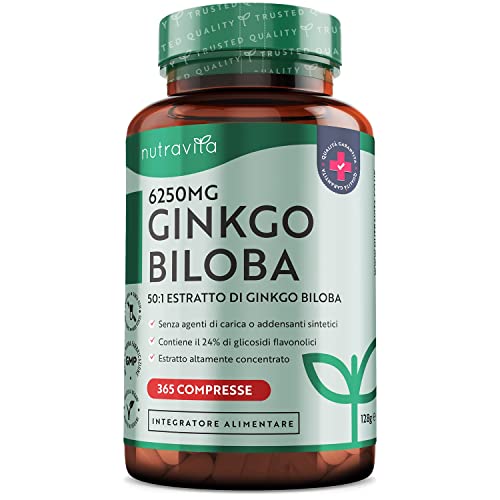 Ginkgo Biloba 6250mg - 365 Compresse - Estratto di Gingko Biloba Vegano 50:1 - Capsule di Ginko Biloba ad alto Dosaggio - Con il 24% di Glicosidi Flavono - Prodotto da Nutravita.