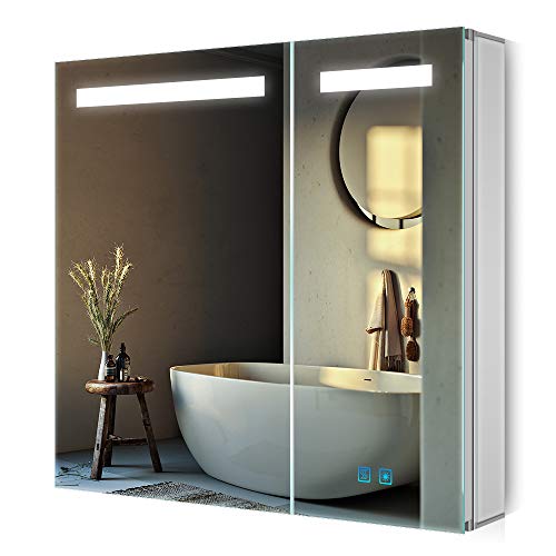 Quavikey 80 x 70 cm Armadietto con specchio da bagno illuminato a LED Armadietto da bagno in alluminio con montaggio a parete con interruttore a sensore per presa di rasoio per trucco cosmetico