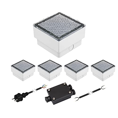 ledscom.de Set di 5 pietre da pavimentazione a LED CUS Luce da terra per esterni, bianco caldo, IP67, 230V, 10x10cm
