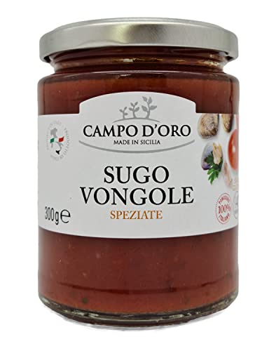 CAMPO D'ORO | SUGO VONGOLE 300 GR | Specialità siciliane per ricette, sugo pronto, sugo di pesce con pomodoro, vongole, aglio e prezzemolo. 100% Made in Italy