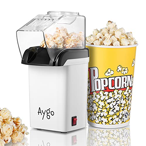 Aygo Macchina Popcorn, macchina per popcorn ad aria calda, senza grasso/olio - design compatto, macchina per popcorn retrò per home cinema a casa, adatta anche per gli spostamenti, bianca, 1200 W