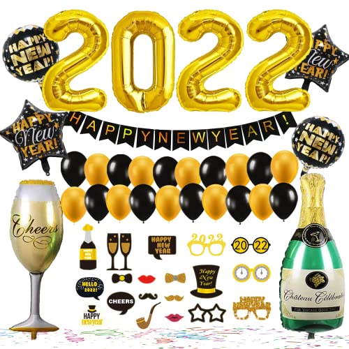 Gohytal Decorazioni Capodanno 2022, Festone Buon Anno Happy New Year 2022Decorazioni Palloncino Set Champagne Bottiglia Stelle Palloncini Alluminio Puntelli per Cabina Fotografica per Feste Party