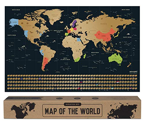 envami Mappa del Mondo da Grattare - 68 X 43 CM - Idee Regalo - mappamondo da grattare con Bandiere - Scratch off Map - Mappa da grattare - Cartina Mondo da grattare - Oro Inglese