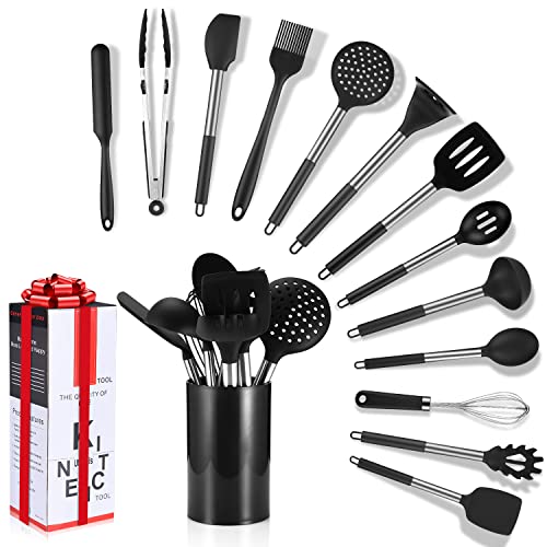 Set di utensili da cucina in silicone, 14 pezzi, con mestolo, spatola e frusta, antiaderente, resistenti al calore, per cucina, colore: nero