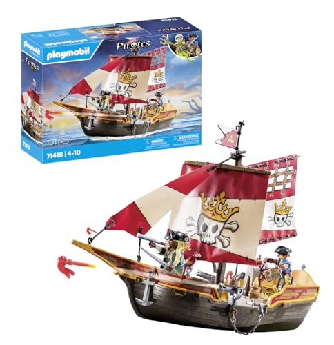 Playmobil Pirates 71418 Nave pirata, emozionanti avventure piratesche, playset con molti accessori come un telescopio, una bussola e cannoni, giocattolo per bambini dai 4 anni in su