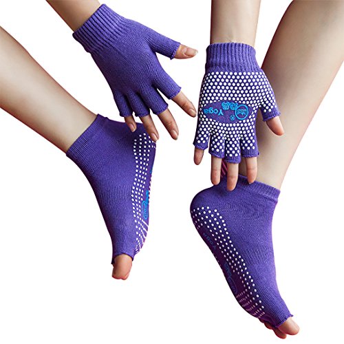 LJ Sport da donna ragazza Yoga Socks e guanti Set calze di cotone antiscivolo non Slip Skid Half Finger Guanti (Viola)