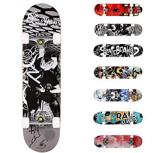 WeSkate Completo Skateboard per Principianti, 31’’ x 8’’ 7 Strati di Acero Double Kick Deck Concavo Skate Board per Bambini Adolescenti Giovani Adulti Ragazze Ragazzi (Nero Bianco)