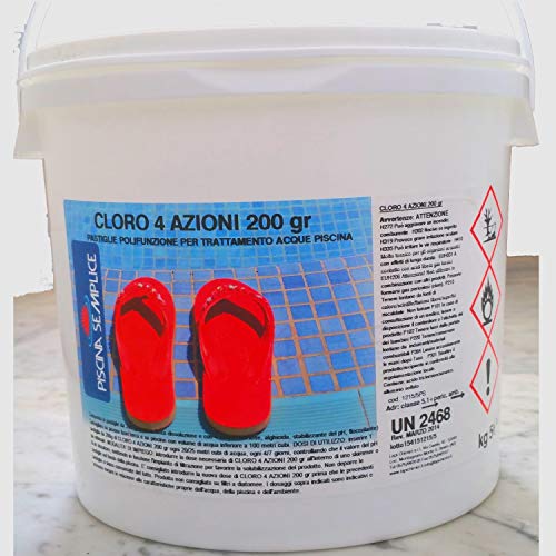 Piscina Semplice - Cloro 4 Azioni Kg.10 - nuovo prodotto multifunzione SENZA RAME in past. 200gr: alghicida, clorante, stabilizzante e schiarente
