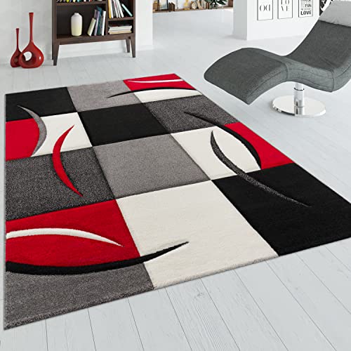 Tappeto di Design Orlo Modello A Quadri nei Colori Bianco Rosso Grigio Nero, Dimensione:80x150 cm