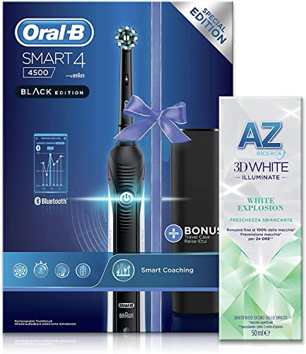 Oral-B Smart 4 4500 Spazzolino Elettrico, Dentifricio AZ White Incluso, 2 Testine Oral B Cross Action, Batteria Litio, Idea Regalo, Black Special Edition