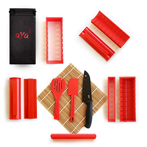 Sushi kit - Sushiaya da sushi Maker Deluxe rosso completo con coltello e esclusiva online video tutorial 11 Piece DIY sushi set - facile e divertente per principianti - sushi roll Maker - Maki rotoli