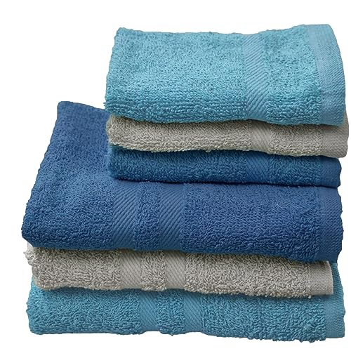 Luga Asciugamani bagno set 6 pezzi 3 grandi 3 piccoli Vari Colori Vivaci 100% cotone (Gx-3 Blu/Panna/Celeste)