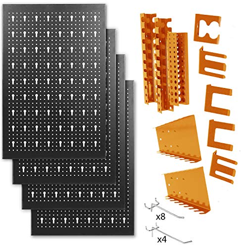 METALLMOBELL-Pannello di strumenti metallici da 160 x 60 x 2 cm, Kit di 4 pannelli forati 40 x 60 x 2 cm + Kit di accessori ganci e supporti per l'uso attrezzi 22 unità (nero/arancione)