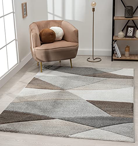 the carpet Monde - Tappeto moderno per soggiorno a pelo corto, effetto bassorilievo, taglio contornato, con motivo a onde, 160 x 230 cm, colore: grigio/beige