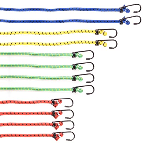 PRETEX Set da 12 Corde Elastiche con Gancio - 4 Misure di Ganci Elastici - Corda Elastica con Gancio per Teloni, Portapacchi, Auto e Bici - Ragni Elastici Militari