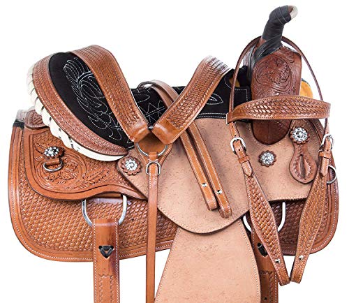 Deen, Enterprises Western Barrel Racing Premium Leather Adult Horse Saddle Tack, testa in pelle abbinata, collare del seno e redini dimensioni 35,6 cm a 45,7 cm (sedile da 47,2 cm)