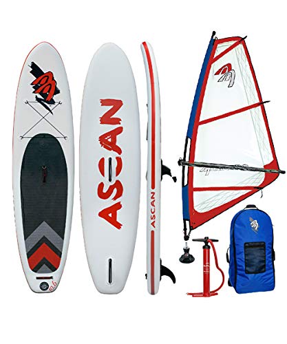 Ascan WindSUP Board 10.6 Windsurf SUP gonfiabile con pinna + kit di riparazione + completo Windsurf Rigg Set Rosso/Blu, 3,5qm