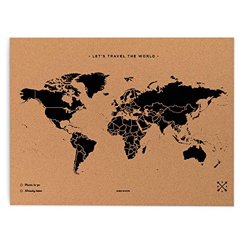 Miss Wood Map XL, Mappa del mondo di Sughero, 60 x 90 cm, Naturale/Nero