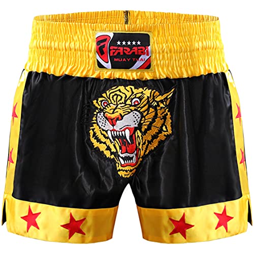 Farabi Sports Muay Thai Shorts - Pantaloncini da boxe per MMA, kickboxing, allenamento, combattimento in gabbia, esercizio fisico, fitness alle prese, corsa e arti marziali (Black/Gold, M)
