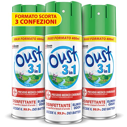 Oust 3 in 1 Spray Elimina Odori Disinfettante per Tessuti d'Arredo e Superfici, Uccide il 99,9% dei Batteri, 3 Confezioni da 400ml