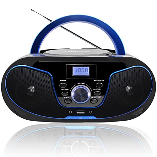 LONPOO Lettore CD Boombox Portatile - Audio Stereo con Lettore CD, Radio FM, Ingresso Bluetooth, USB, Lettore CD AUX, Uscita Auricolari, Audio Domestico Compatto, AC o Alimentato a Batteria