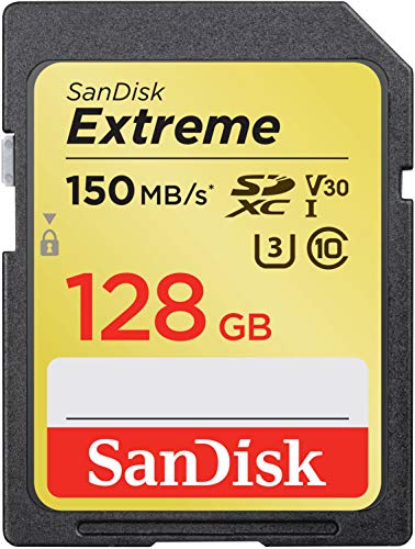 SanDisk 128 GB Extreme scheda di memoria, SDXC, fino a 150 MB/s, Classe 10, U3, V30, Nero