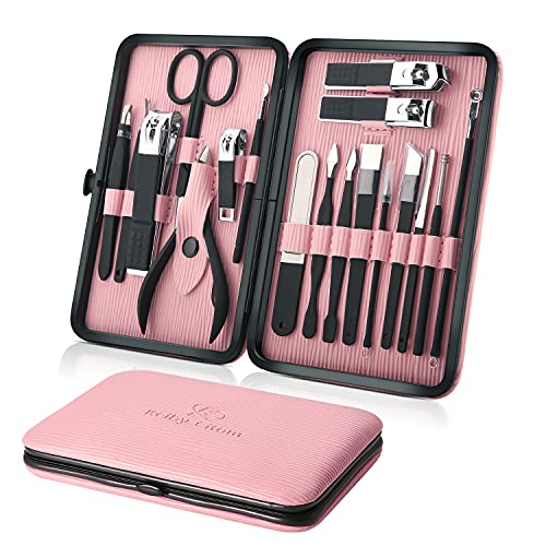Keiby Citom Tagliaunghie Set Professionale - Grooming Kit Strumenti per Manicure e Pedicure 18 pcs con Bella Box (Nero Rosa)
