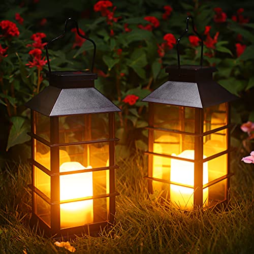 2 Pack Lanterna Solare Esterno Lampada da Giardino IP44 impermeabile Vintage Lanterne Decorativo Plastica Senza Fiamma LED Luci per Patio Cortile Feste (Nero)