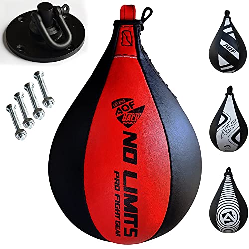 AQF Punching Ball in Pelle Speed Sacco da Boxe Girevole MMA Boxing Bag Pungiball Set da Allenamento (Nero & Rosso)