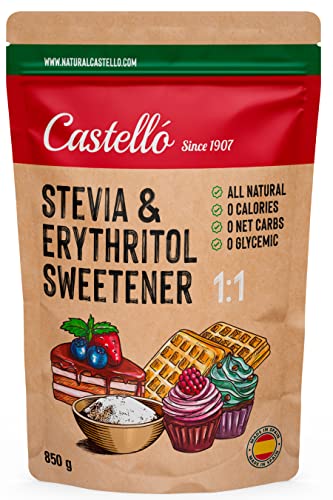 Dolcificante Stevia + Eritritolo 1:1 | 1g = 1g zucchero | Sostituto dello Zucchero 100% Naturale - 0 calorie - 0 Indice Glicemico - Keto e Paleo - 0 Carboidrati - No OGM - Castello since 1907-850 g