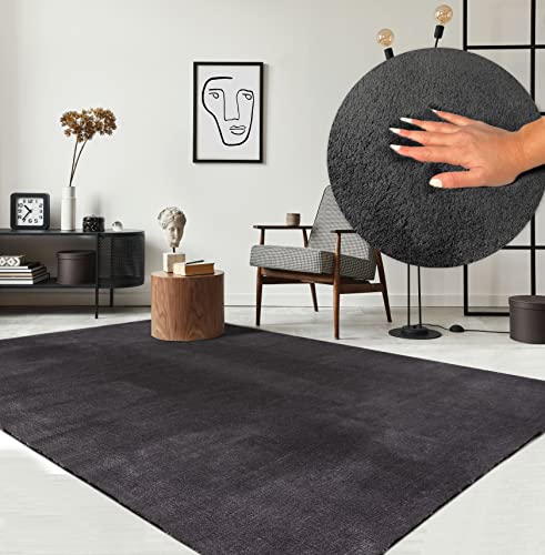 the carpet Relax Tappeto moderno a pelo corto, soggiorno, fondo antiscivolo, lavabile fino a 30 gradi, morbidissimo, aspetto pelliccia, Antracite, 60 x 110 cm