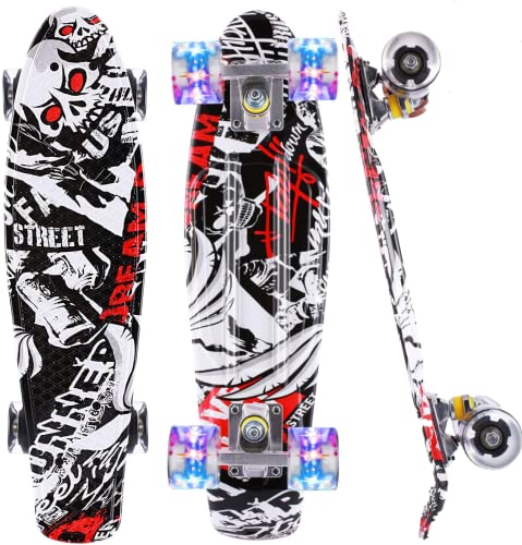 Caroma Skateboard Completo 55cm Mini Cruiser Skateboard per Bambini Ragazzi Ragazze Adulti Retro Skateboard ABEC-7 Cuscinetti LED Flash Ruote per Principianti (nero bianco#)