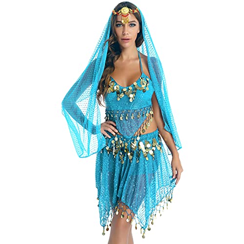 CHICTRY Donna Vestito Danza del Ventre Abito da Danza Orientale Costume da Principessa Araba Top Corto/Pantaloni Harem/Velo Set Ballare Egiziano Arabian Carnevale Cosplay Blu Taglia Unica